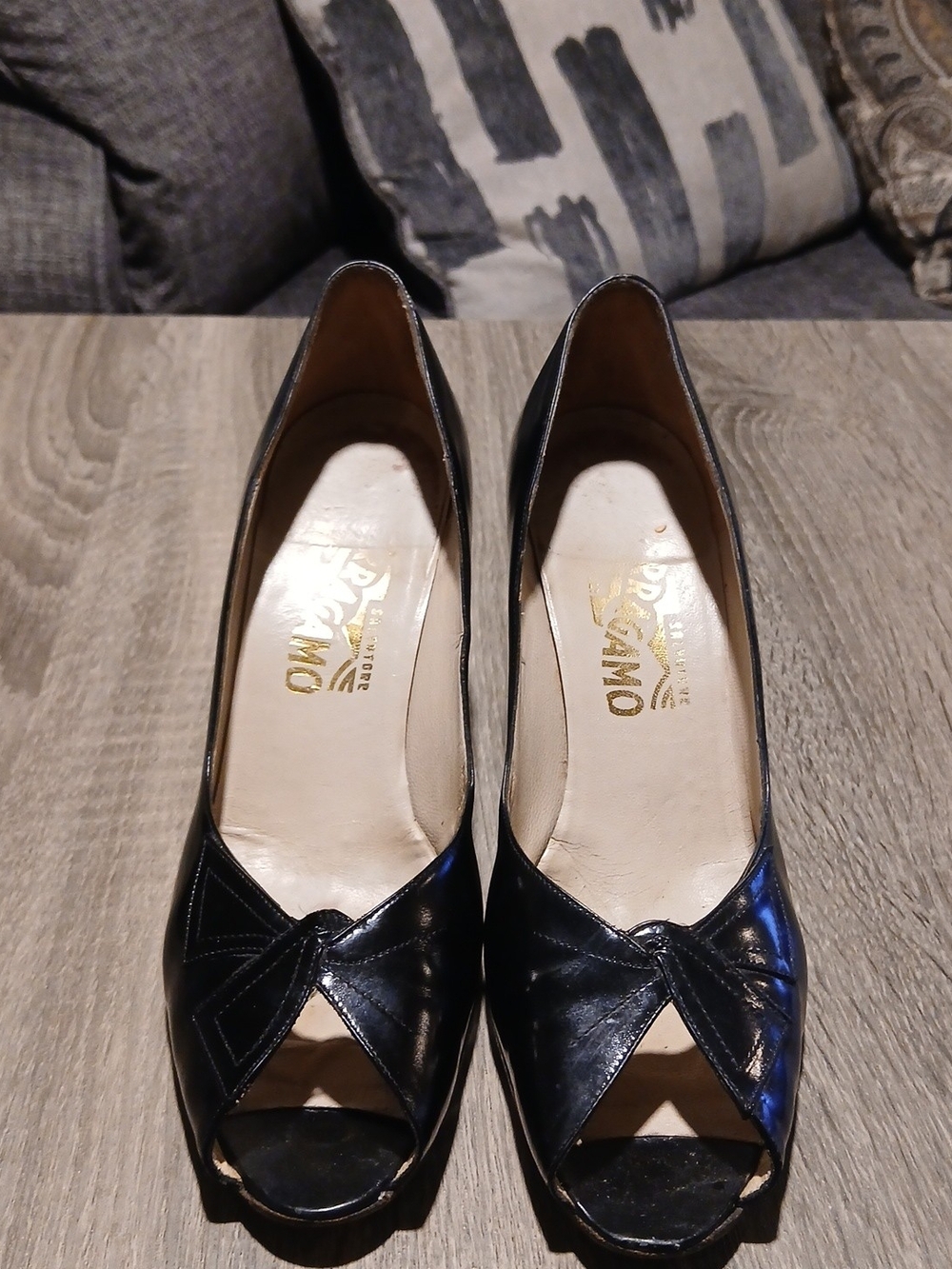 Vintage Salvatore Ferragamo Black Leather Bow Peep-Toe Pumps - Size 8